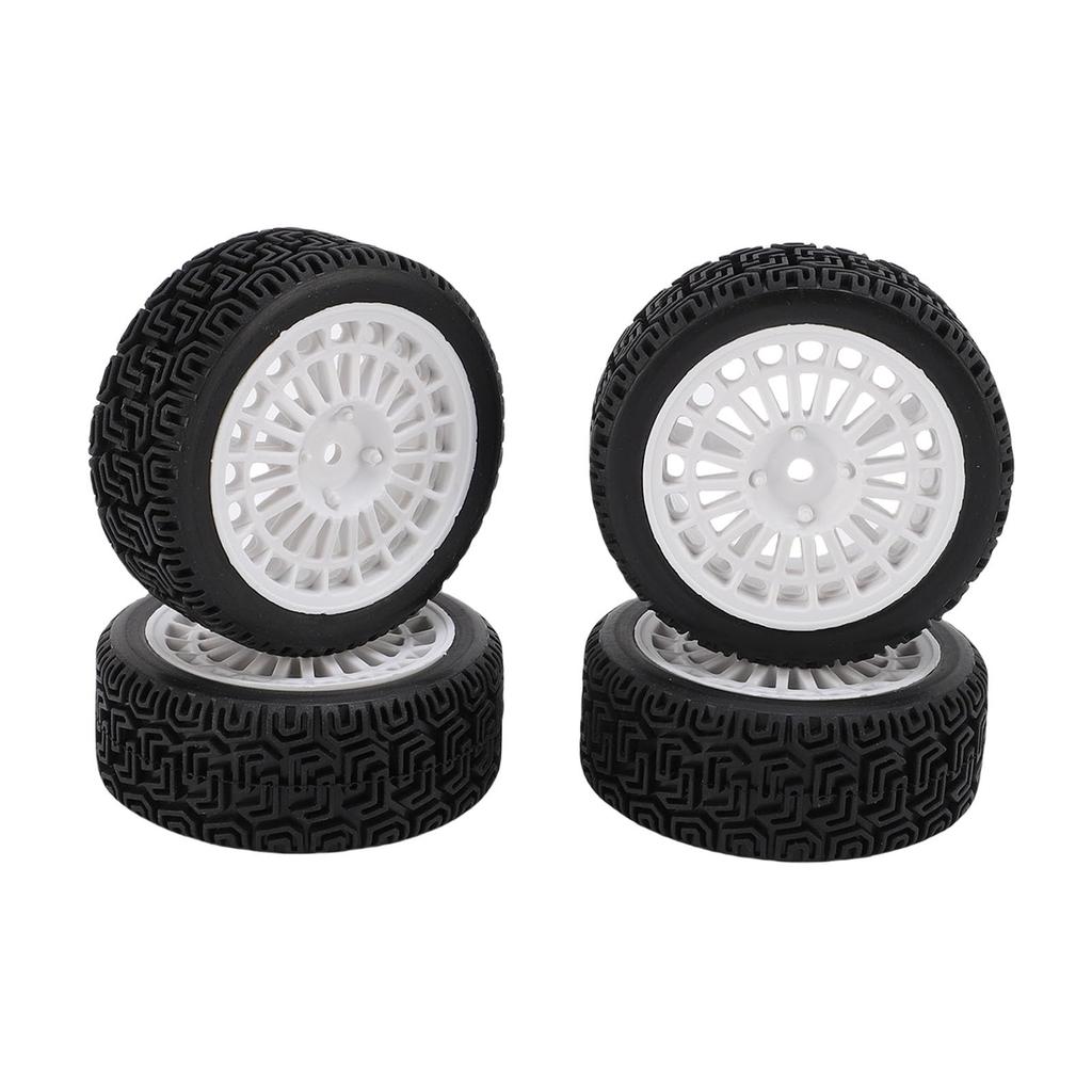 MEAPUXIN Set of 4 1/10 RC Rally Car Tires, Replacement Wheel Rims for Tamiya TT01 and Xv02, 70mm Heavy-Duty Plastic Maze Pattern Tires (White)