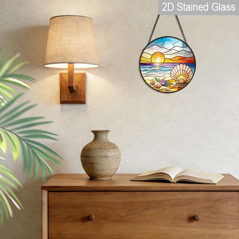 2D Flat Stained Glass Beach Shells Window Decoration Colored Glass Plate, 7.87inches Ocean Theme Hanging Sun Catcher with Chain, Summer Home