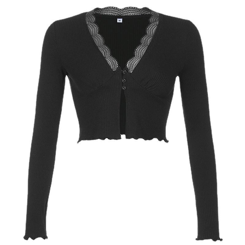 Cárdigan de punto de canalé con encaje de color sólido estilo europeo y americano con borde de oreja de madera y camiseta de manga larga para top casual de mujer con cuello en V