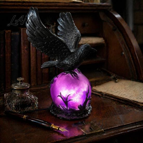 Dark Academia Decor Gothic Raven LED Ball Lamp, Mysterious Crow On Orb Sculpture, Artistic Bird Lamp Halloween Decorative Table for Bedside