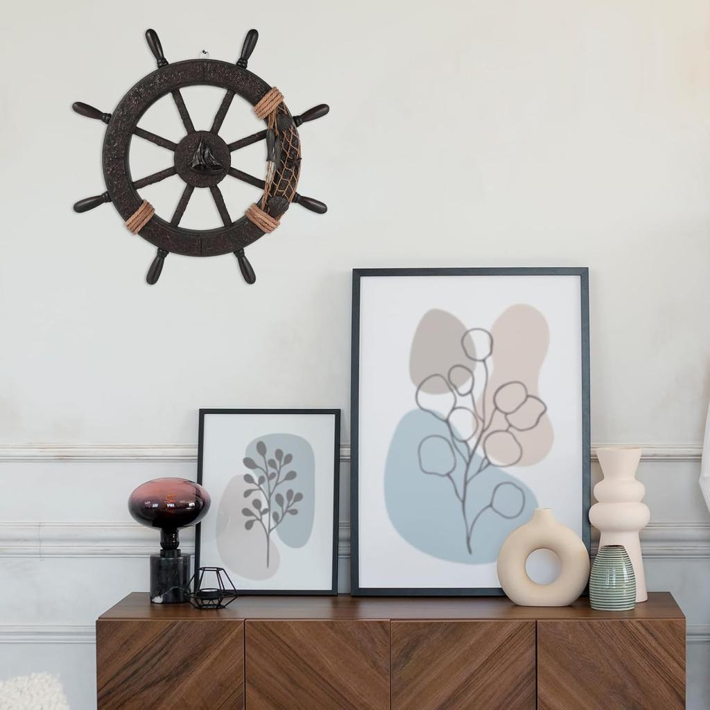 Nautical Wheel Decor Rustic Boat Steering Wheel Fishing Net Wall Sculpture Rudder Hanging Ornament Mediterranean Style Nautical Captain Rudder for