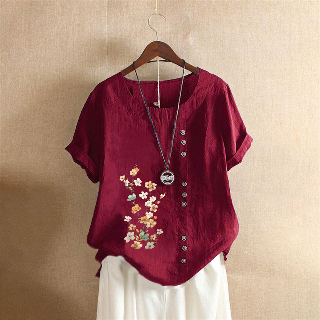 T-shirt Estiva Oversize in Cotone e Lino a Maniche Corte, Abbigliamento Donna Oversize Stampato in Cotone e Lino
