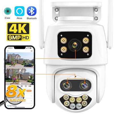 New EU 4K 9MP WIFI IP Camera Three Lens 8X Zoom Outdoor PTZ Camera HD AI Auto Tracking Security Camera P2P CCTV Surveillance ICSee