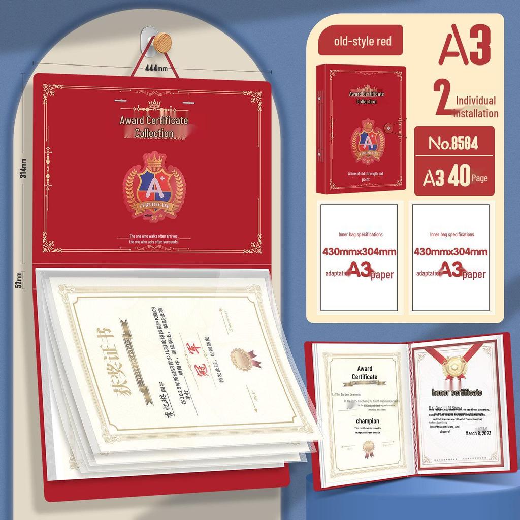 8582 Certificate Display Book: A4/A3 Wall-Mountable Storage for Children's Primary School Awards