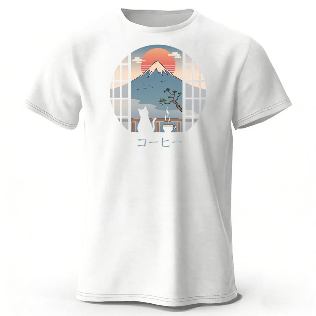 New Japanese Style Fuji Mountain Print Mens Pure Cotton Sports Running Fitness Short Sleeved Simple Style Plus Loose Tshirt