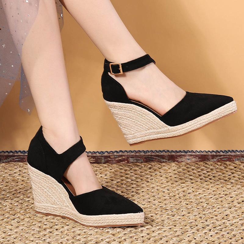 Fashion Wedges High Heel Platform Sandals Women Point Toe Hemp Heels Ankle Strap Sandals Ladies Summer Chaussures Femme Sandalias Mujer