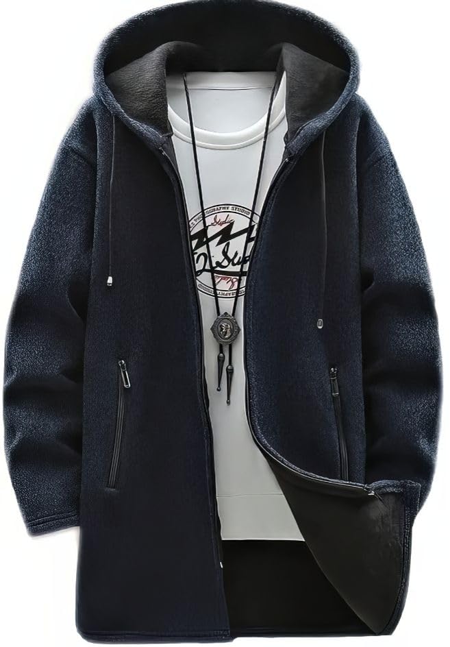 

Мужской кардиган foveitaa, удлиненный, с капюшоном, плюс, свободный, теплый, однотонный, куртка на осень/зиму, пальто, парка, свитер на молнии, размеры, посадка, на флисовой подкладке, толстый,