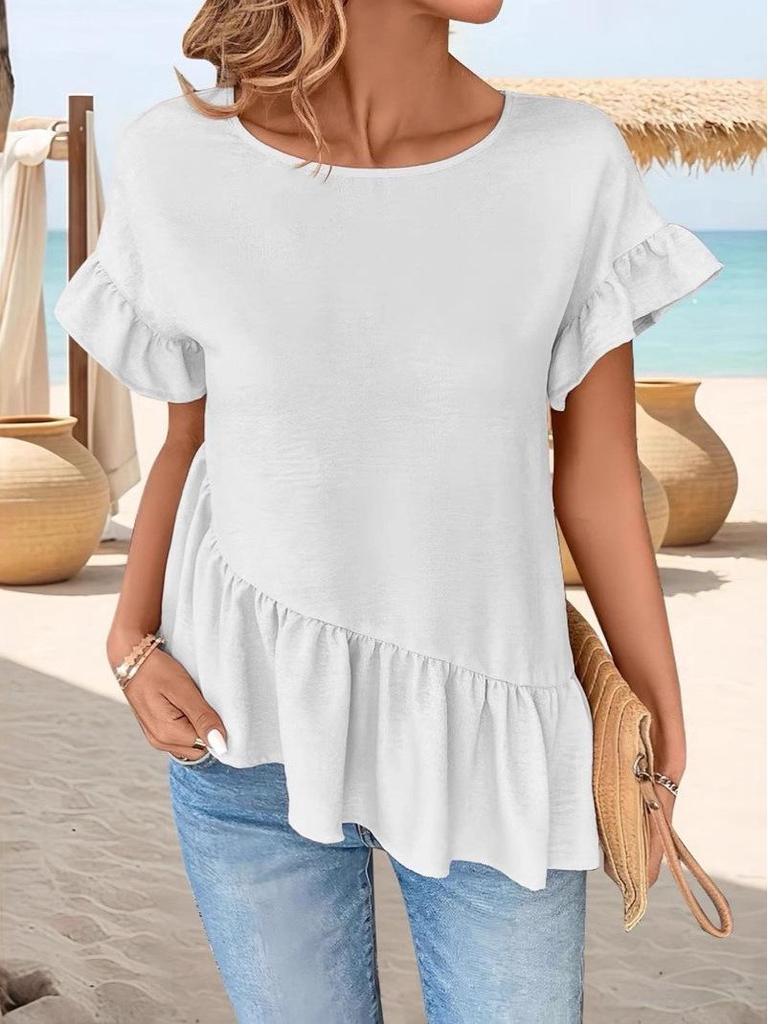 2025 Summer European & American Style Loose Ruffle Sleeve Women's Casual Solid Top
