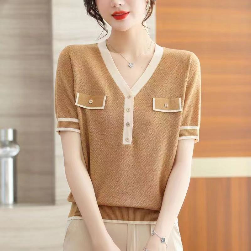 Camiseta de manga corta de punto de seda helada con escote en V de tencel para mujer