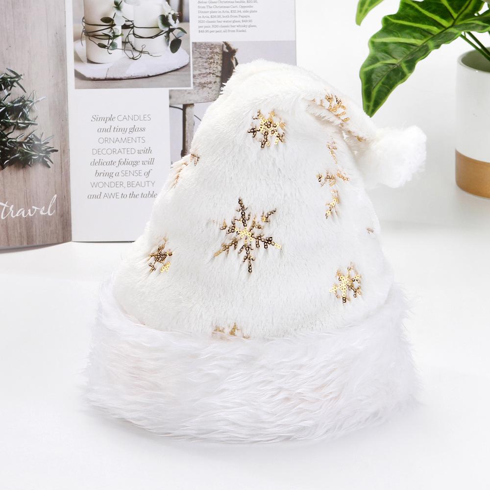 2025 NEW 32*40cm White Plush Christmas Hat Gold Silver Beads Embroidered Adult Christmas Hat Holiday Home Decorations