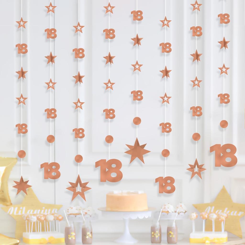 Rose Gold 18th Birthday Decorations for Girls, 8 PCS Number 18 Circle Dot 3D Star Metallic Hanging Streamer Happy 18 Year Old Birthday Party Supplies