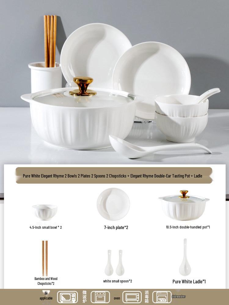 Pure White Ceramic Tableware Set: Dinner Bowls, Rice Bowls, Plates, Dishes, and Double-Ear Soup Bowls for Home Use.