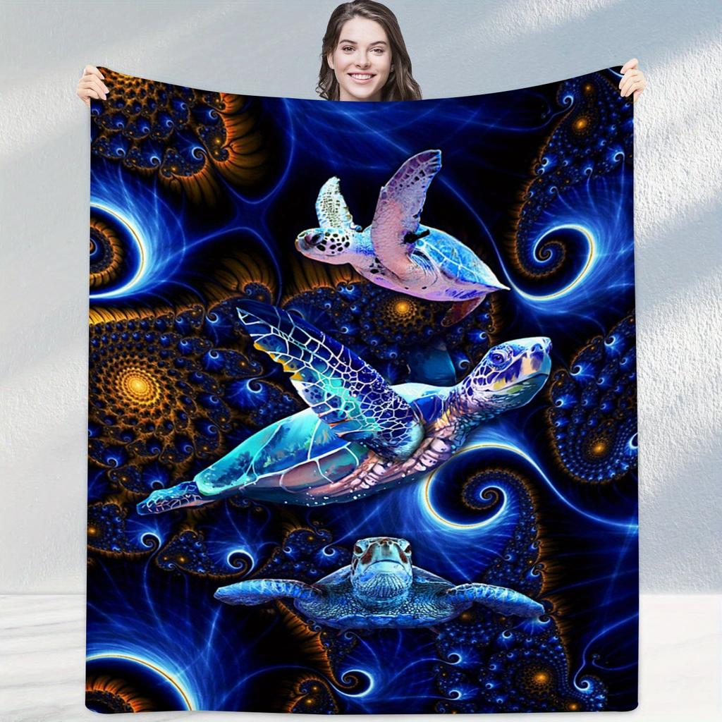 Sea Turtle Digital Printing Throw Blanket - Marine Life Aesthetic Pattern Soft Lightweight Accent for Sofa Bed Travel Office