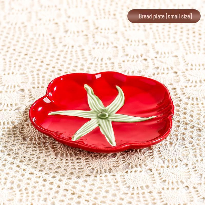 Tomato Ceramic Tableware: Tomato-Shaped Dinner Plates, Heart-Shaped Dessert Bowls, Festive Fruit Plate, Red Storage Jar.