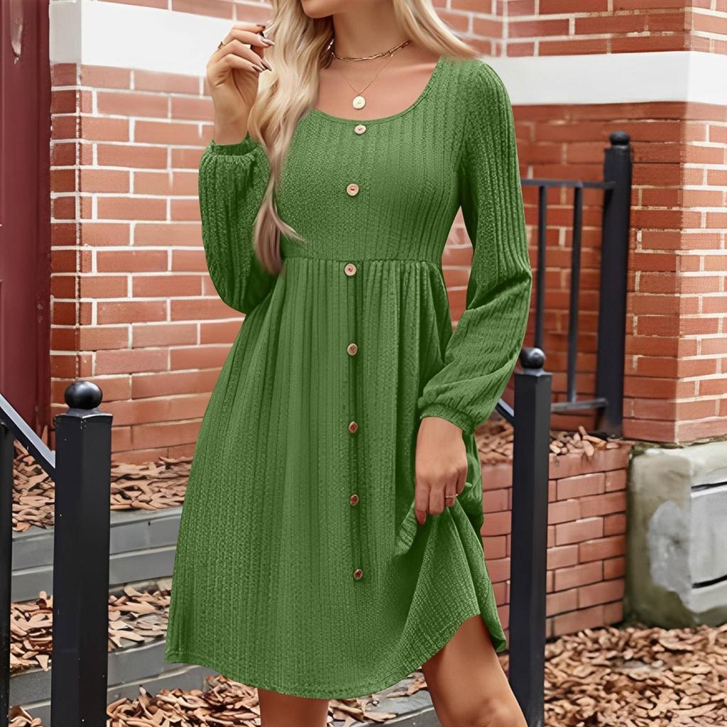 Women's Fashion Round Neck Casual Slim Solid  Waist Long Sleeve Dresses