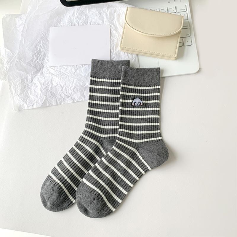 Striped Cotton Crew Socks with Cute Panda Embroidery for Women and Teens Korean Preppy Student Middle Tube Socks Hosiery