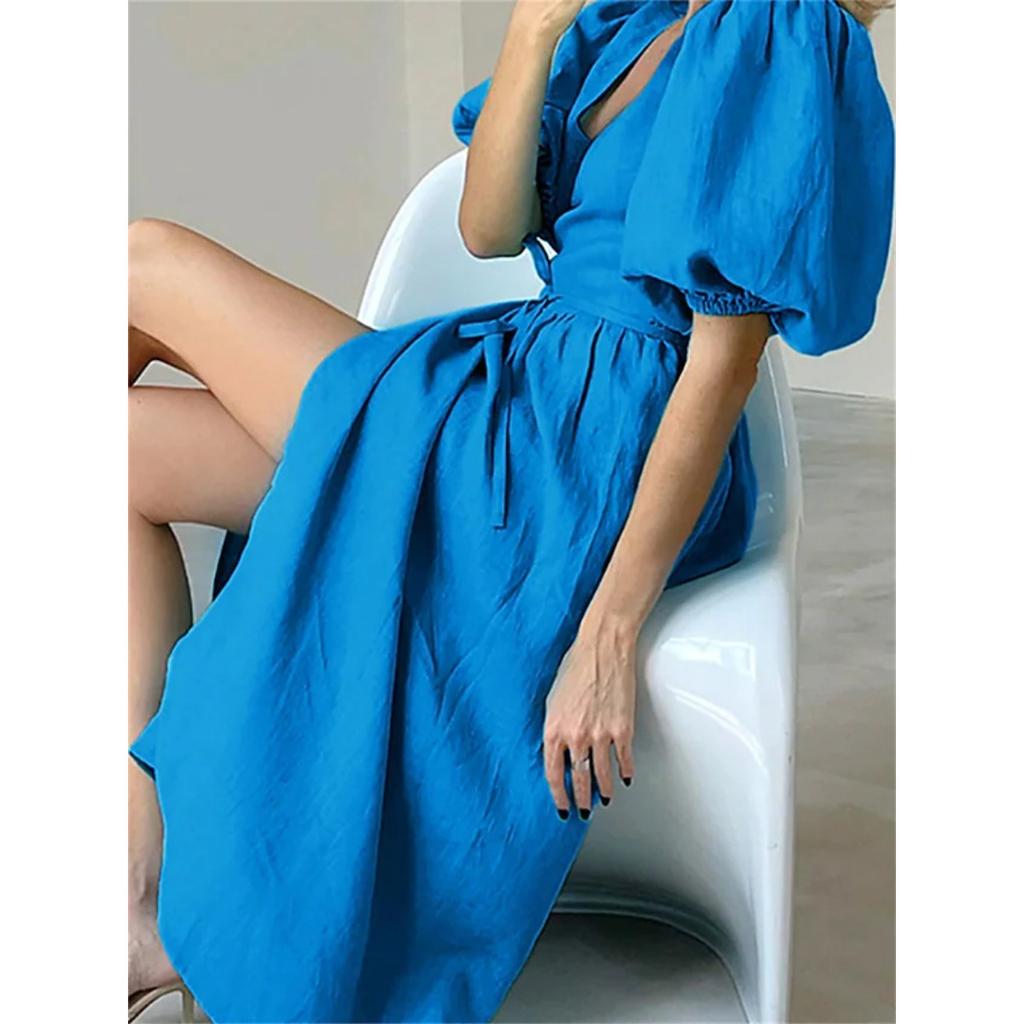 Spring Summer New Solid Color Sexy Slit Puff Sleeve Tie Waist Elegant Dress For Women European American Style