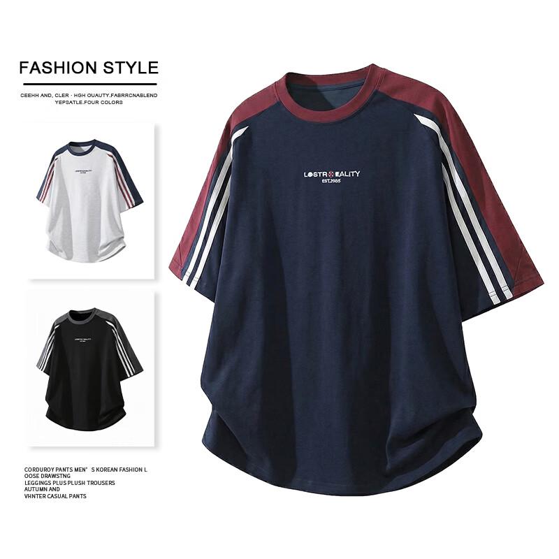 MEDE Men s Pure Cotton Striped Loose Fit Short-Sleeve T-Shirt M
