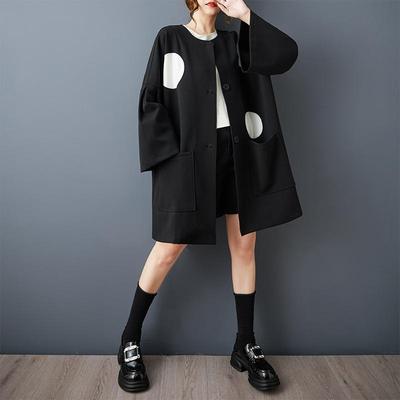 Long Sleeve Oversized Black Cotton Vintage Dot Casual Loose Autumn Spring Trench Coat for Women Outerwear