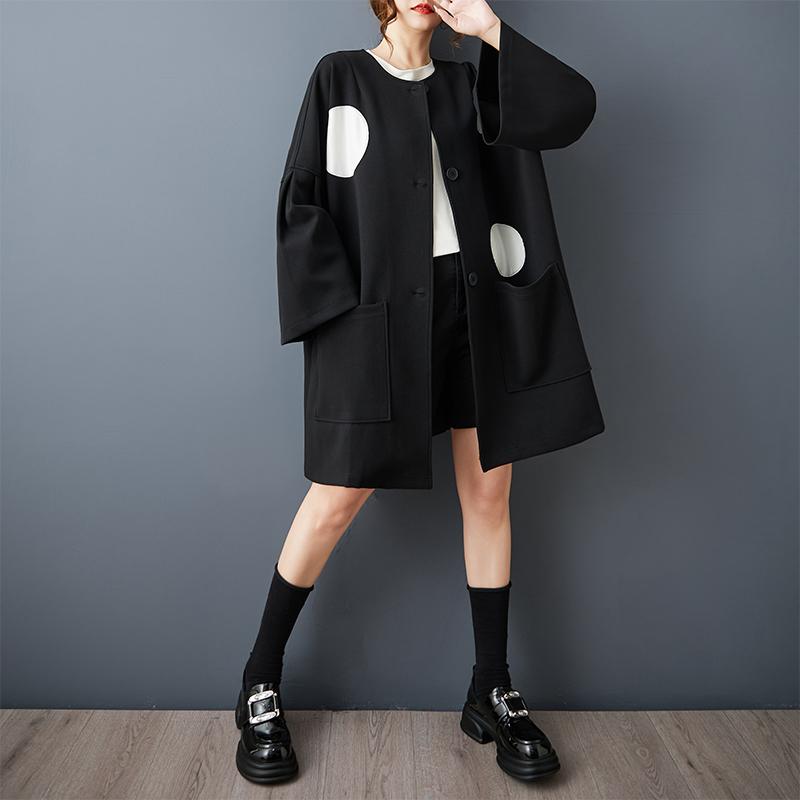 

женский тренч оверсайз с длинным рукавом из черного хлопка в винтажный горошек, повседневный свободный, осенне-весенний, верхняя одежда