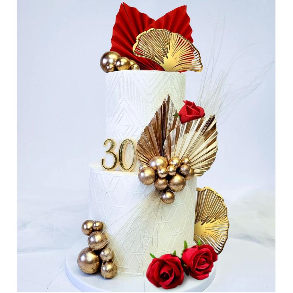 21 PCS Red Rose Cake Decoration Queen Birthday Cake Decoration Ginkgo Palm Leaves Cake Decoration for Wedding Birthday Party