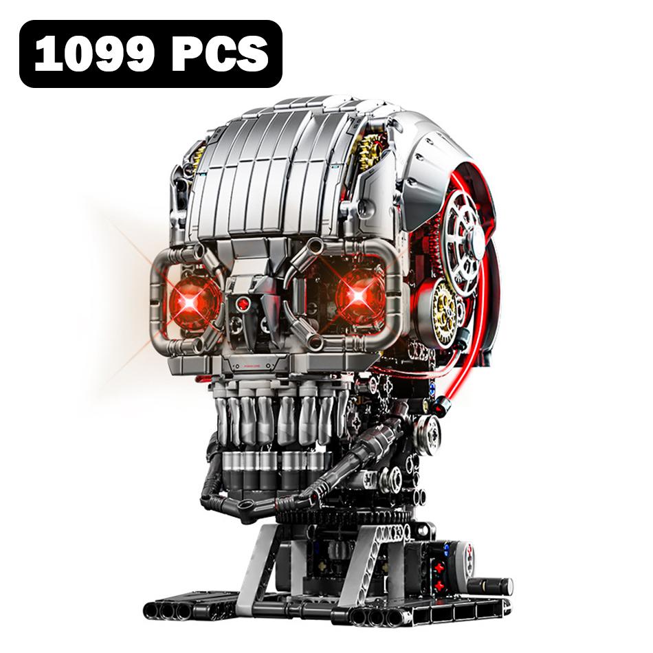 MOC Mechanical Skull Endoskeleton Building Blocks Terminator Robot Head Model Bricks Toys Kit Lighting Power Function Gifts