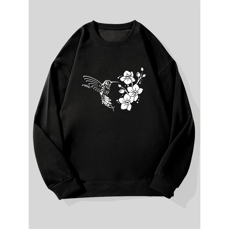 Men's Hummingbird and Flower Pattern Casual Crew Neck Sweatshirt