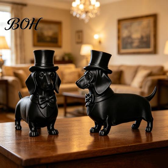 Gentleman Style Ornament 3D Printed Dachshund Statue with Top Hat, Vintage Dog Calm Home Accent Piece Figurine, Cute Desk Decor for Office,