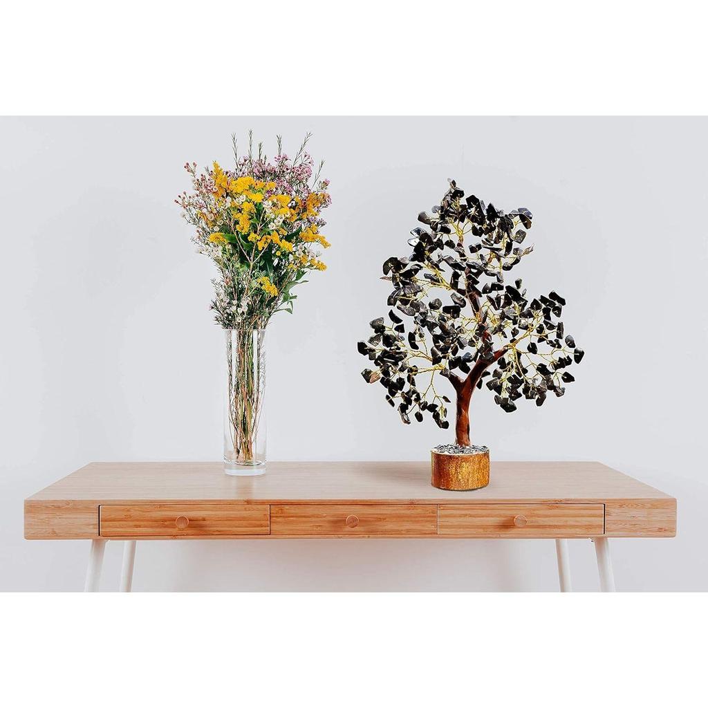 Crystals and Stones, Black Tourmaline Crystal Showpiece for Home Decor Decoration Bonsai Money Tree, Size 10-12 Inches, Black Golden Wire. 1 Piece