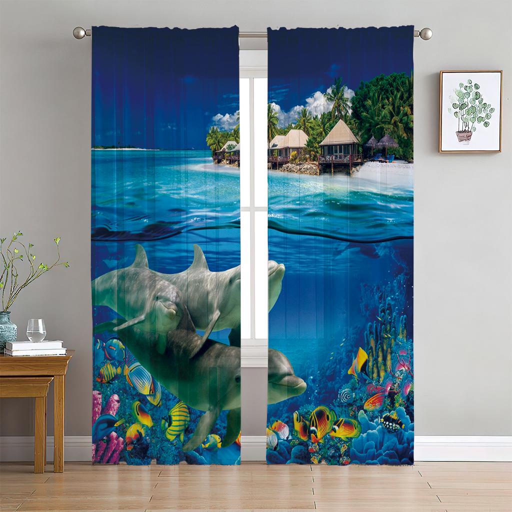 2 Panel Blue Sea Curtain Sea Creature Dolphin Turtle Curtain for Bedroom Living Room Kitchen Window Tulle Sheer VoileCurtains