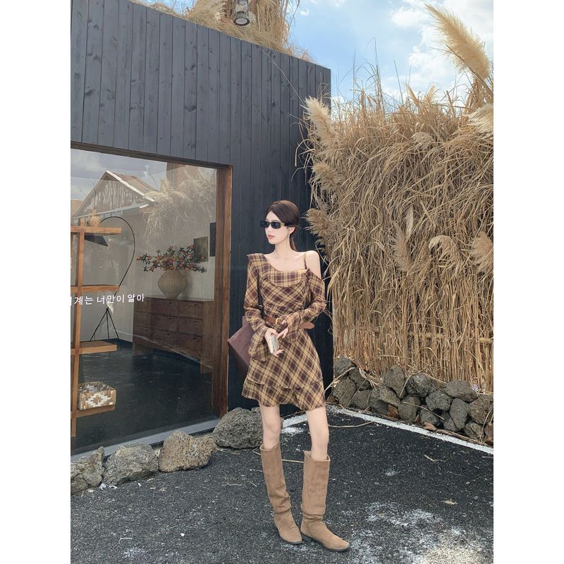 Kumikumi Retro Set Slimming Long sleeve Outerwear Women Autumn Irregular Plaid Long sleeve Dress Two-piece Set