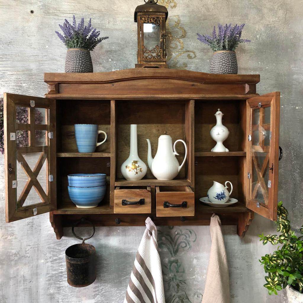 Rustic wooden wall cabinet with drawers and hooks