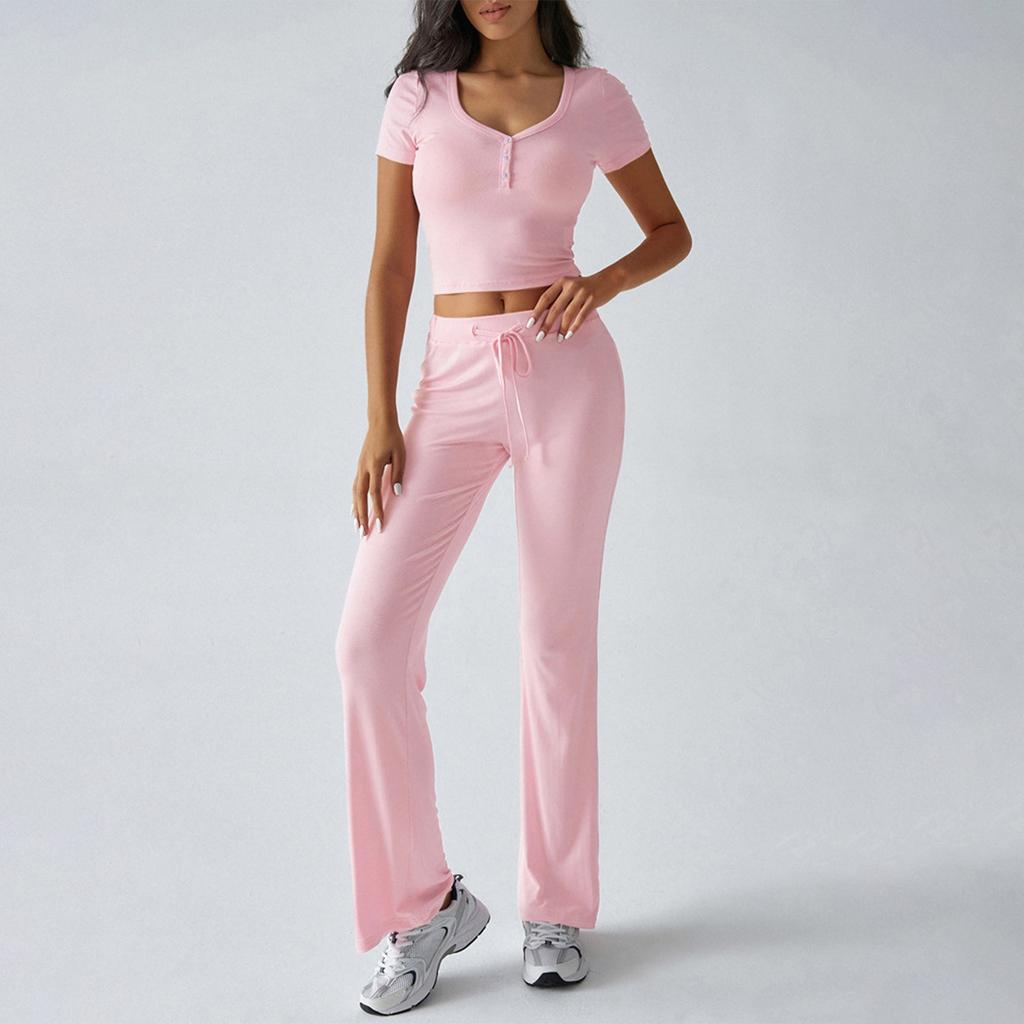 Women's Set Two Piece Short Sleeve Cropped Tops Matching Flare Pants Sets Casual