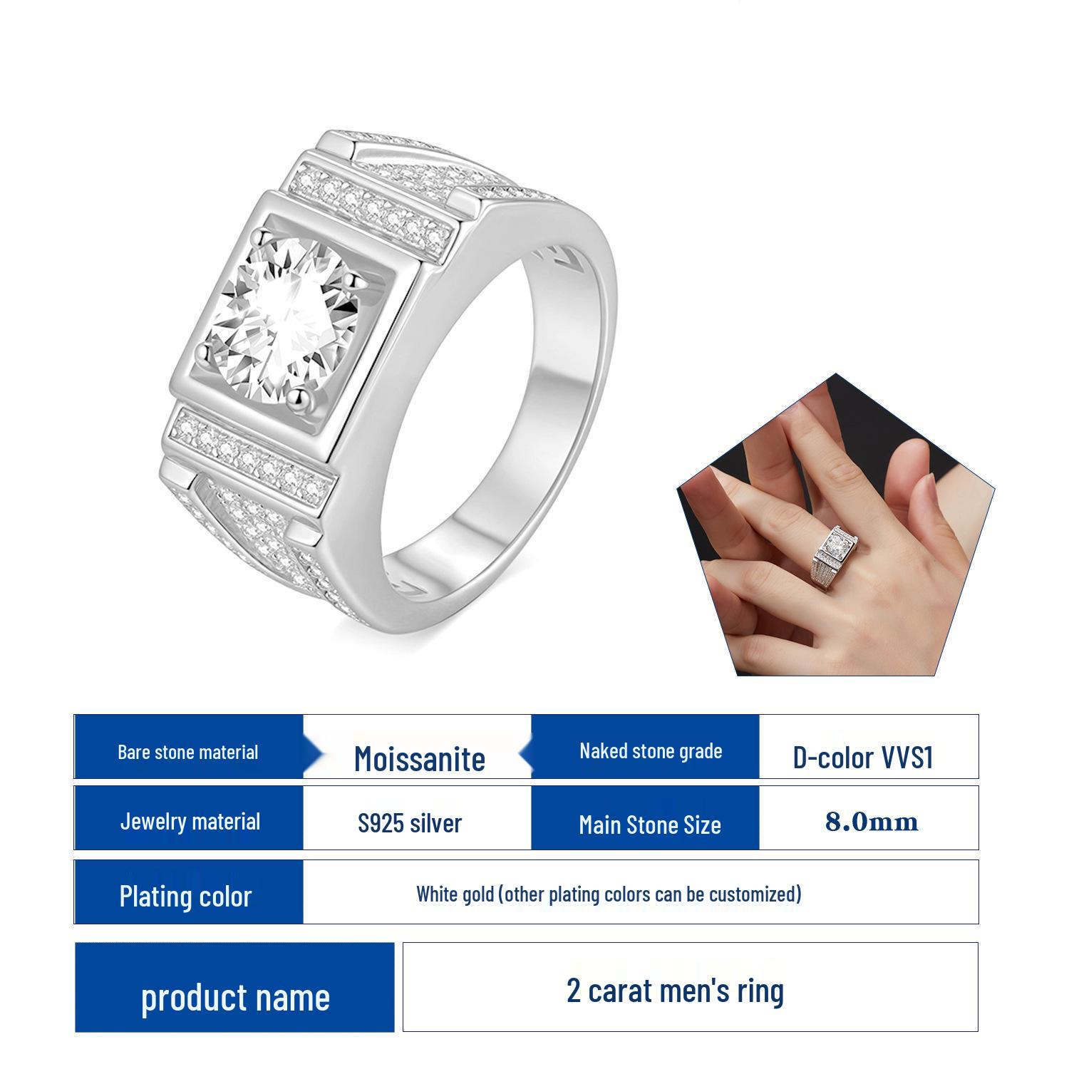 Men s Luxury 2 Carat Moissanite Sterling Silver Ring Size 7