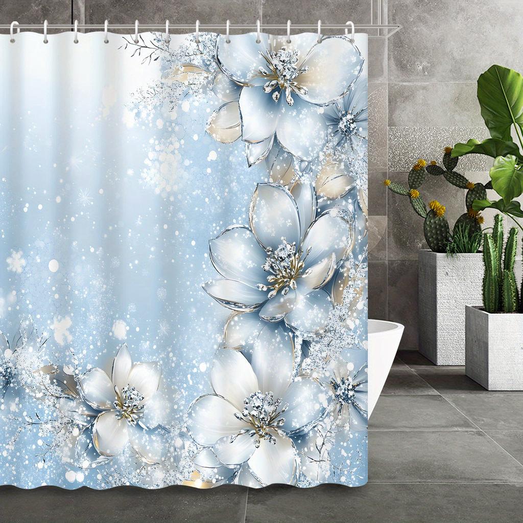 Open 1pc Fashionable Blue Floral Shower Curtain, Includes 12 Hooks Bathroom Decor, Bath Accessory Home Decoration