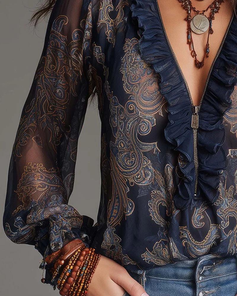 European Deep V-neck Paisley Ruffle Chiffon Blouse for Women