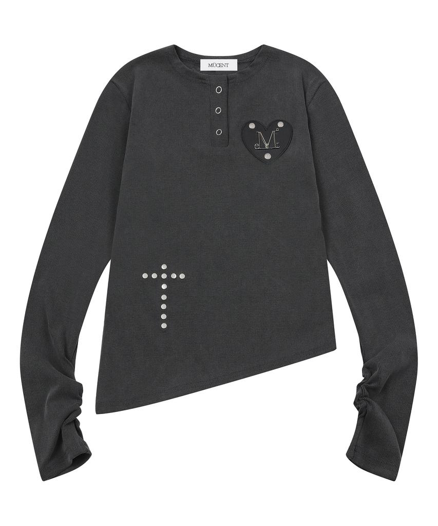 MUCENT Zend Heart Patch Henley Neck Asymmetrical Long Sleeve Tee