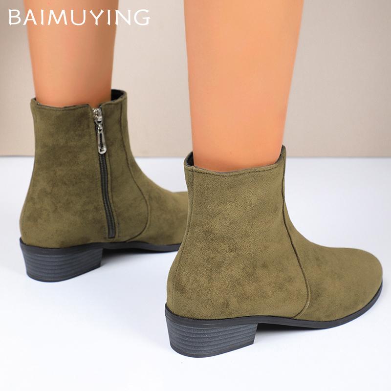 Winter Suede Women Snow Ankle Boots Pointed Toe Retro Mid Heels Shoes Designer Chunky Shoes  Trend New Brand Botas De Mujer