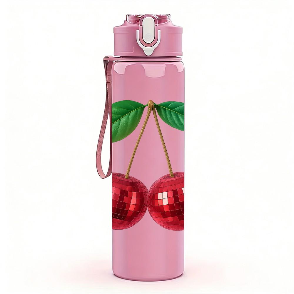 1PC Fresh Cherry Fruit 750ml Color Plastic Sports Water Bottle Leakproof Flip Straw Lid Suitable for Sports Office Home Use