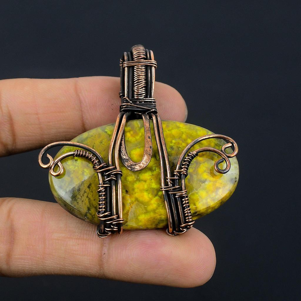 Bumblebee Jasper Pendant, 999 Copper Wire Wrapped Gemstone Jewelry, Handmade Pendant, For Mother Day