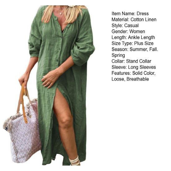 Women Maxi Dress Single-breasted Solid Color Stand Collar Long Sleeves Buttons Loose Vintage Soft Lady Ankle Length Long Dress