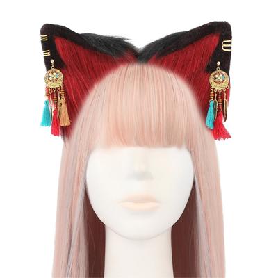 Plush Cat Ear Headband with Ethnic Earring Decor Plush Cat Headband for Movie Enthusiasts Adult Live Broadcast Headpiece