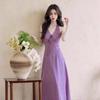 Temperament Purple V-neck Polka Dot Neck Dress Seaside Vacation Beautiful Unique Beautiful Waist a Word Long Dress