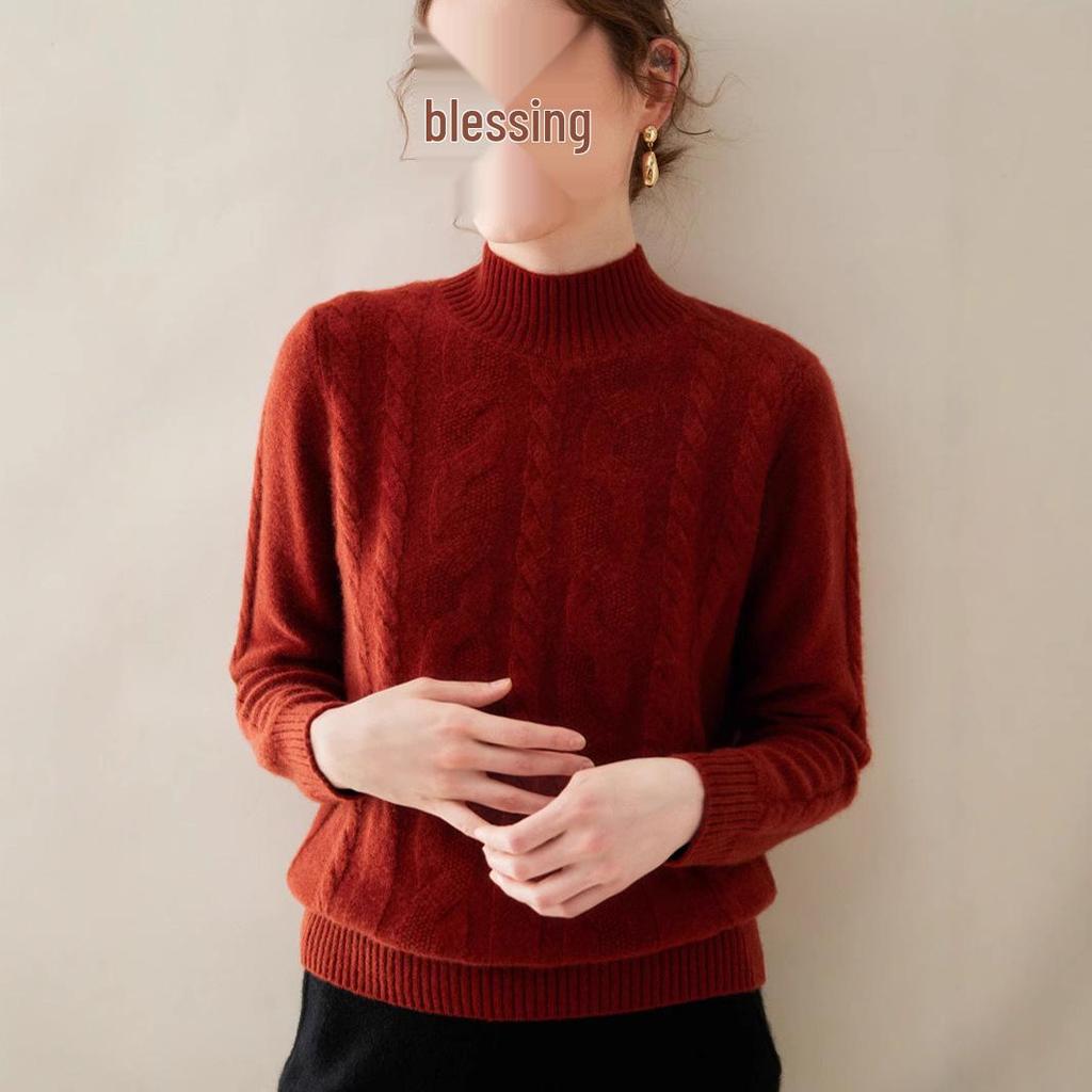 Damen Kaschmir Zopfmuster Pullover - Halboher Kragen, Langarm, Unifarbe, Warme & lässige Basisschicht