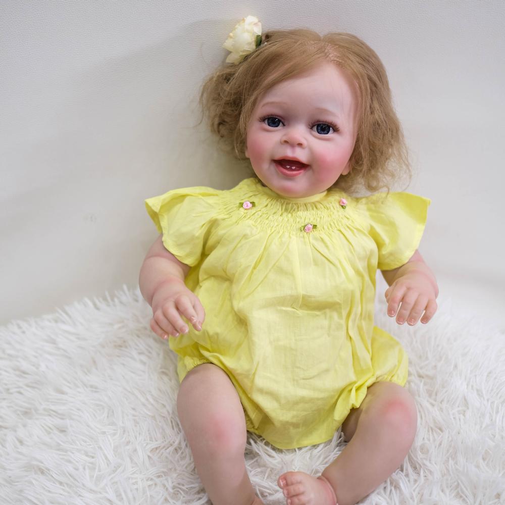 Cute Smiling Happy Girl Baby Reborn Doll Yannik 24'' 60cm Soft Cloth Body Simulation Dolls Lifelike 3D Painted Skin Newborn Doll for Kids Toddler Gift