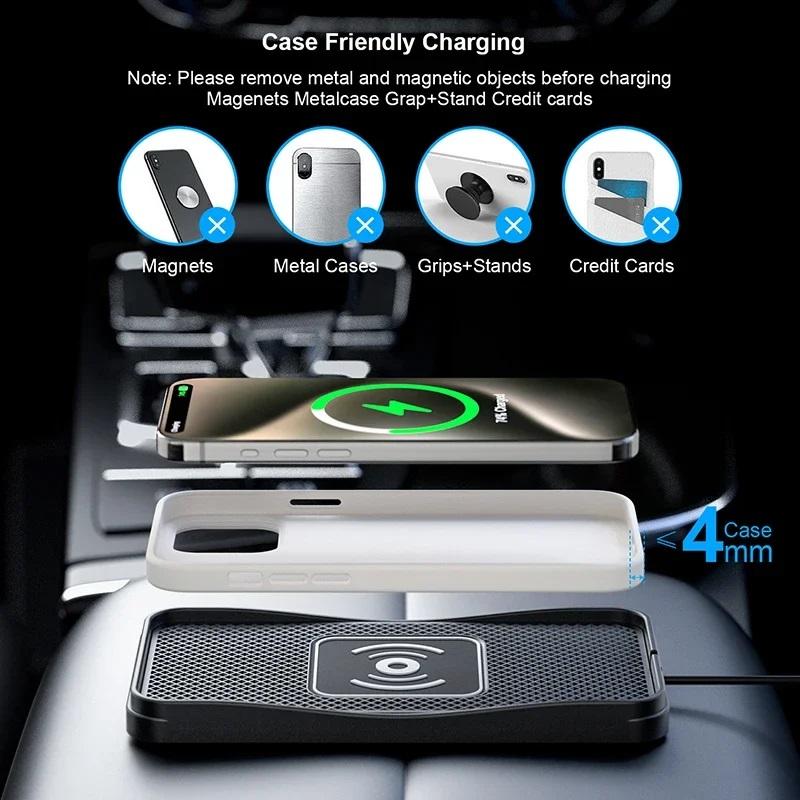 Carregador Sem Fio QI 15W para Carro Almofada Antiderrapante de Silicone Suporte Almofada de Carregamento Sem Fio para Huawei iPhone 15 Samsung S20 Modificação de Suporte