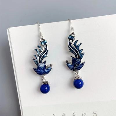 Blaue Emaille Phönix Quastenohrringe für Frauen Weiblich Chinesischer Stil Übertriebene Lapislazuli Ohrringe Bankettschmuck