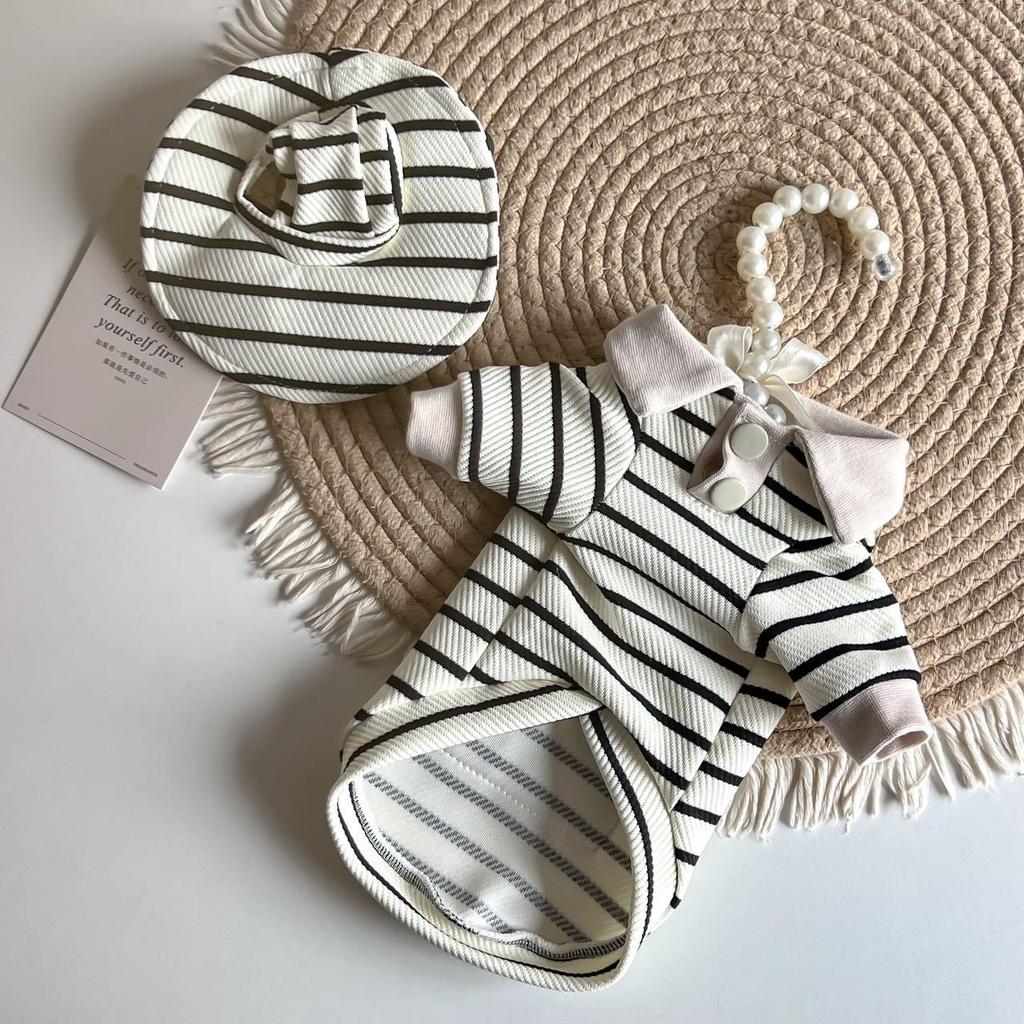 Autumn/Winter Pet Striped Bottom Shirt Cute Hat Set Teddy Cat Hoodie Dog Clothes for Small Dogs Puppy Clothes
