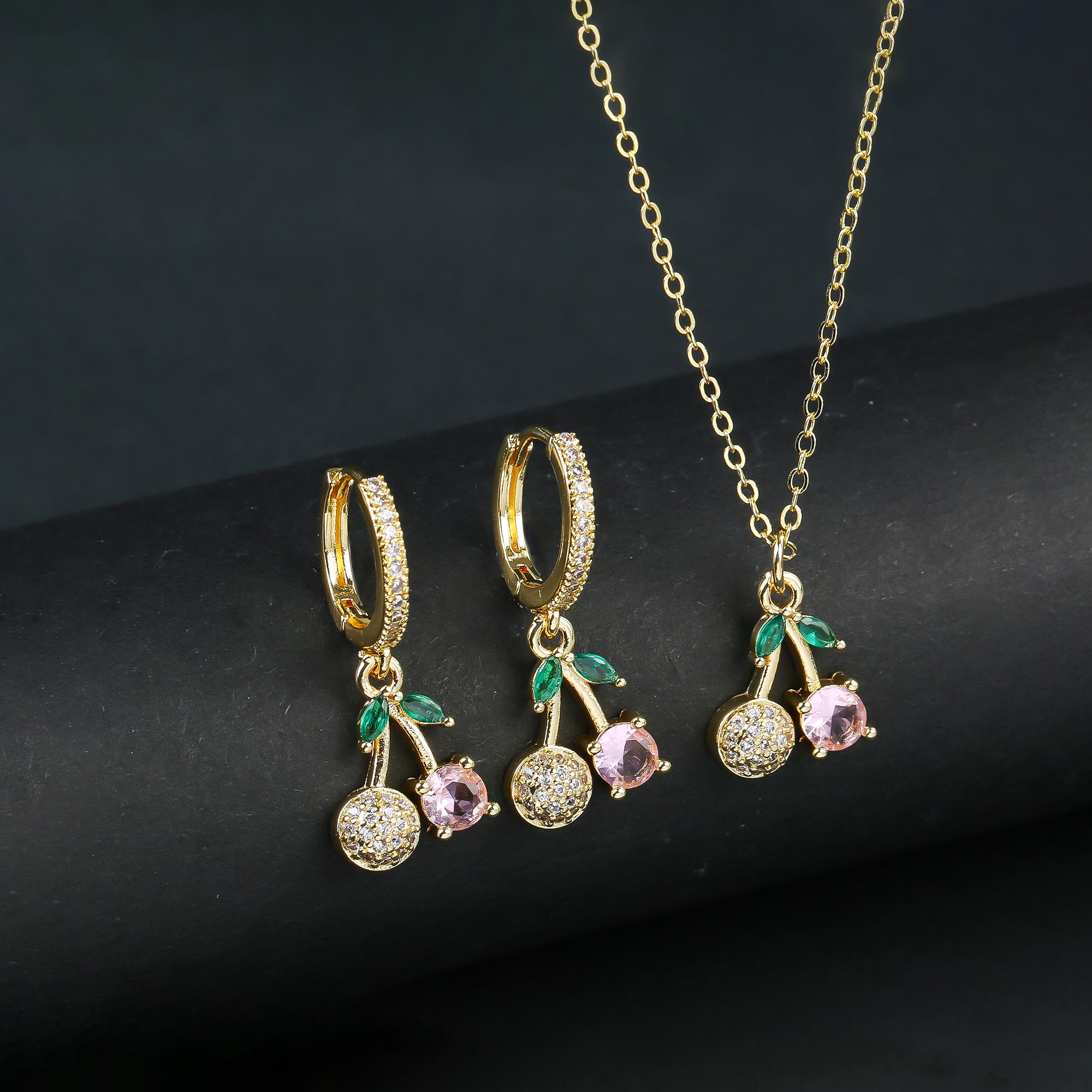 

Light Luxury Crystal Zirconia Red Cherry Zircon Set Earrings Necklace for Women Girls Sweet Zircon Accessories Party Gifts