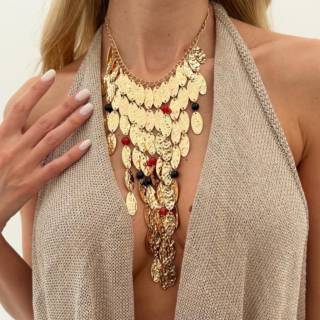 Exaggerated Waterfall-Shaped Metal Disc Fringed Necklace, Personalized Pockmarked Leaf Round Bead Collarbone Chain